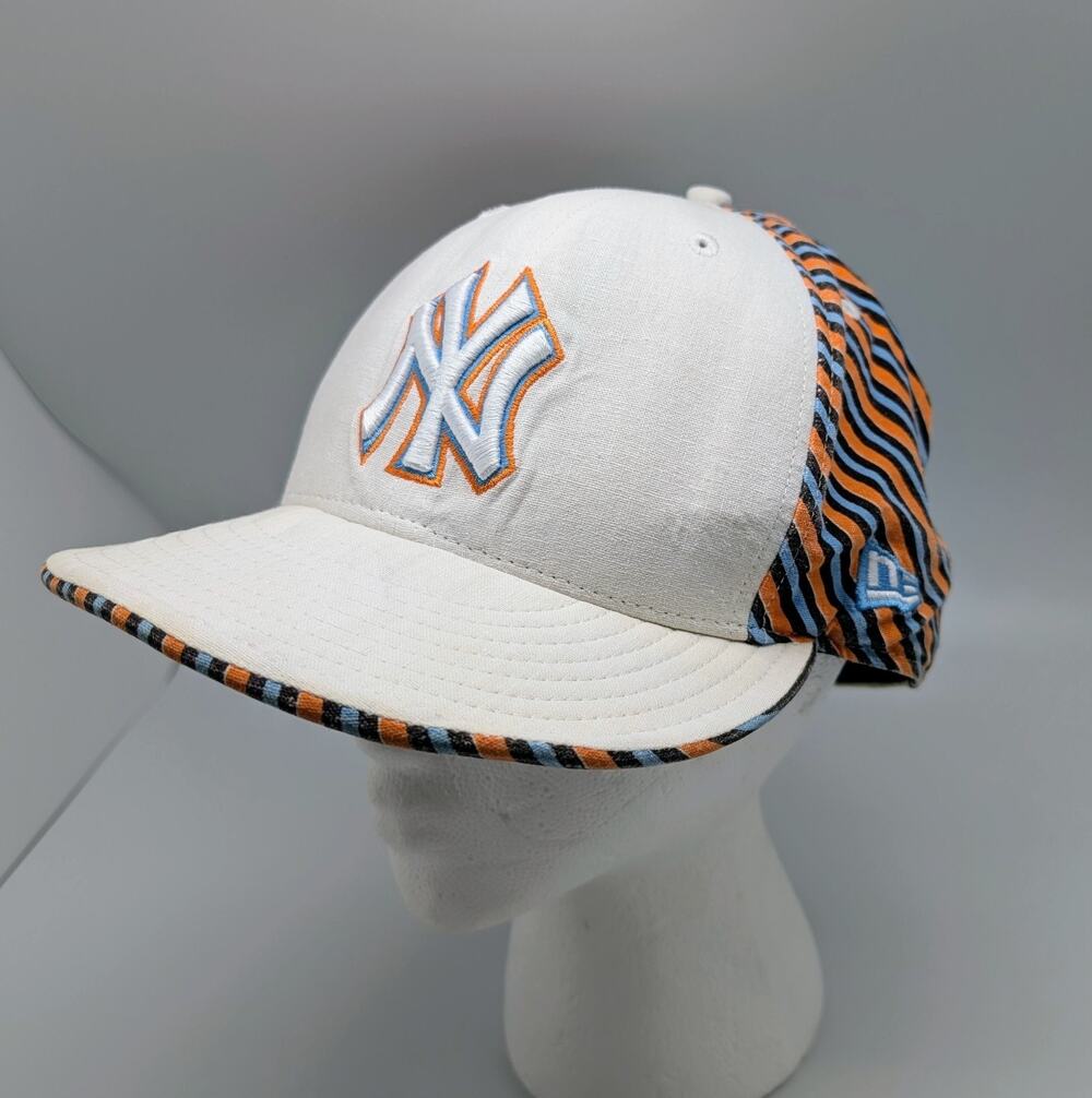 New York Yankees MLB New Era 59Fifty Fitted Hat Cap Sz 7 1/2 White - Orange/Blue